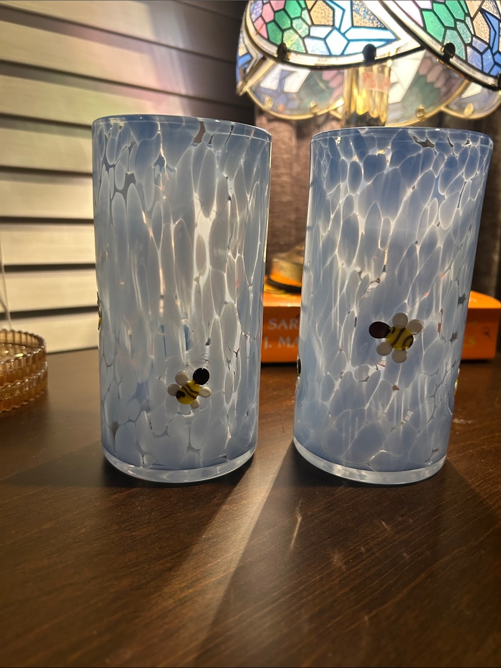Anthropologie Light Blue Bee Glass Tumbler Pair